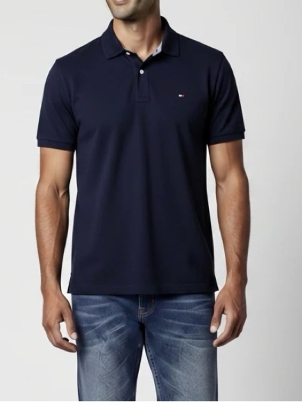 Tommy Hilfiger Navy Blue Polo with Light Blue Accent Striped Collar